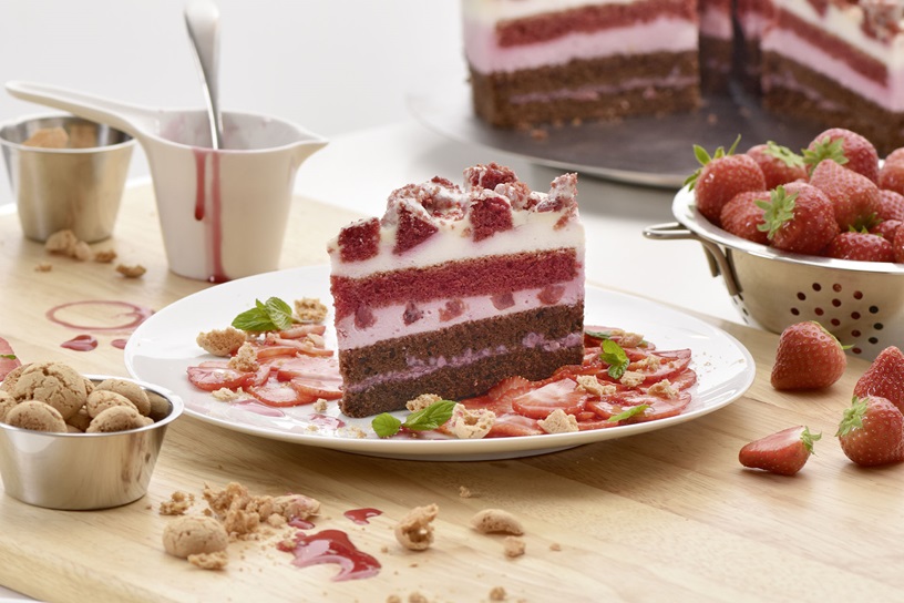 Strawberry Crunch Gateau with strawberry carpaccio, amaretti biscuits 
and mint