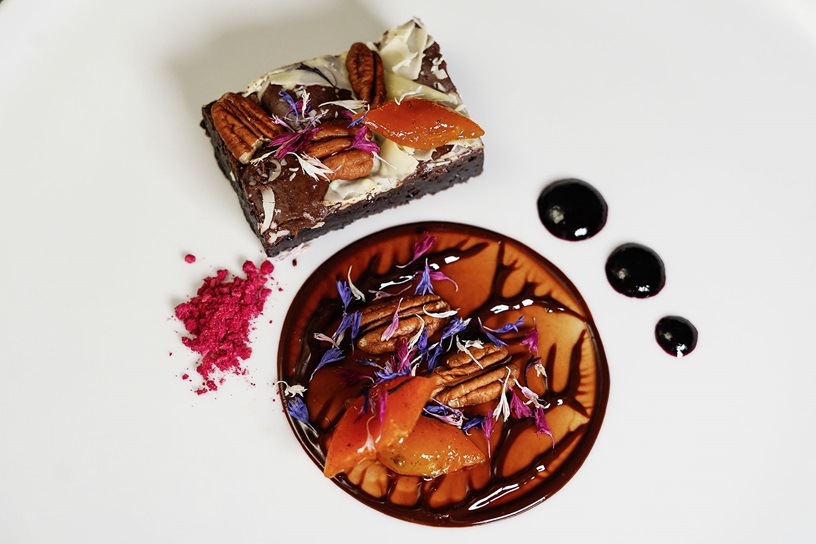 Pecan brownie with beetroot and chocolate sauce