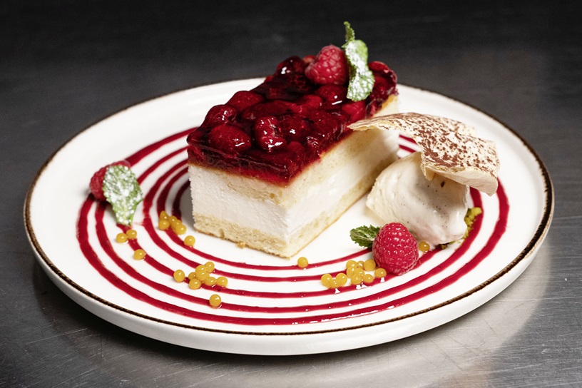 Raspberry, Soft Cheese and Cream Slice with passion fruit caviar